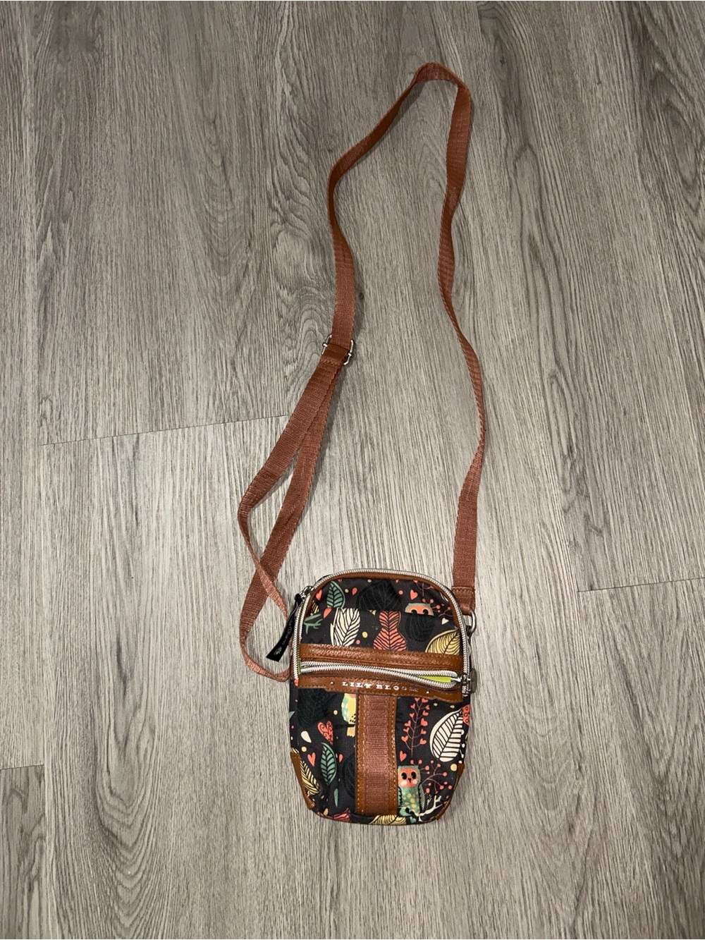 Lily Bloom Black Floral Mini Crossbody with Brown Strap